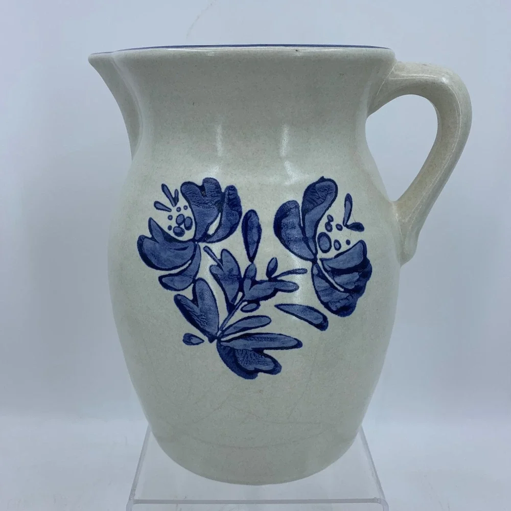 Blue Floral Stoneware Pitcher Country Cottage Folk Art Jug 9